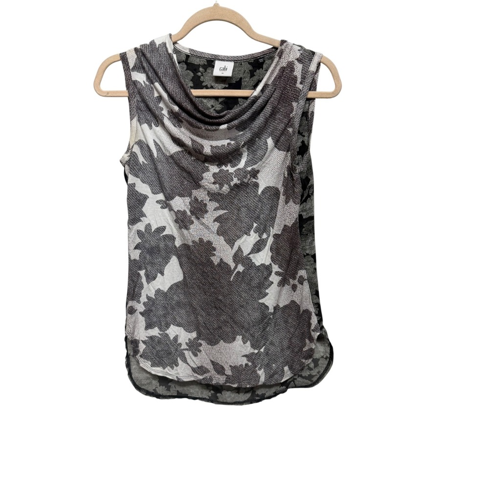Cabi XS Floral Cowl Neck Sleeveless Top Black Gray Layered Tunic
